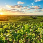 Paisaje lujoso de viñedos con vides y barriles de vino.