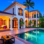 Luxurious villa with pool and lush garden surroundings.