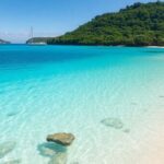 Praia isolada com águas cristalinas e vegetação exuberante.