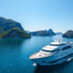 Navire de croisière de luxe sur des eaux calmes avec de belles îles.