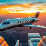 Privatjet im Flug über wunderschöne Landschaften bei Sonnenuntergang.