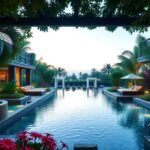 Luxurious spa retreat with lush greenery and tranquil water features.