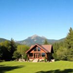 Luxury cabin in nature, surrounded by mountains and greenery.