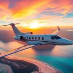 Private jet flying over stunning global landscapes at sunset.