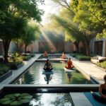 People practicing yoga in a lush, tranquil wellness sanctuary.