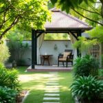 Jardin tranquille avec un belvédère et une végétation luxuriante.