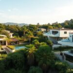 Villas de luxe durables au milieu d'une verdure luxuriante et de panneaux solaires.