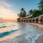 Cabañas privadas en la playa en un resort de lujo durante el atardecer.