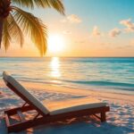 Luxurious beach chair by the tranquil ocean at sunset.