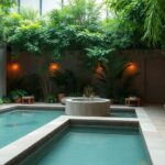 Relaxing spa environment with greenery and calm water features.