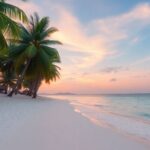 Tranquil beach scene with sunset and palm trees.