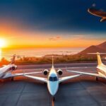 Luxuriöse Privatjets an einem exklusiven Flughafen während des Sonnenuntergangs.