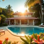 Luxuosa villa com piscina e ambiente de jardim tropical.
