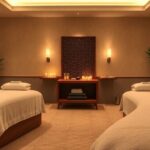 Relaxing spa treatment room with soft lighting and decor.