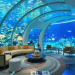 Luxurious underwater hotel room with marine life view.