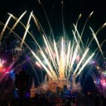 Fireworks explode over a disney castle at night.