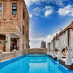 a pool and a house