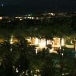Palm trees and illuminated resort buildings at night