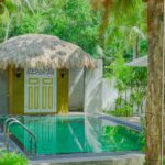 A swimming pool next to a hut.
