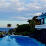 a large swimming pool surrounded by palm trees