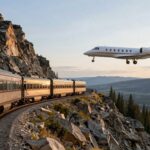 Rocky Mountaineer train and private jet in Canadian mountains.