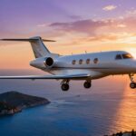 Private jet flying over European coast at sunset.