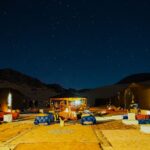 Sahara Desert Camps with Star Fields and Chef Tagines lined up outdoor beds under starry night