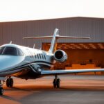 Fractional jet on tarmac, private hangar in background.
