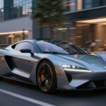 Electric supercar driving through a quiet city street.