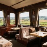 Luxurious Orient Express train suite interior with Italian countryside view.