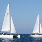 Catamaran and monohull sailboats on the water.